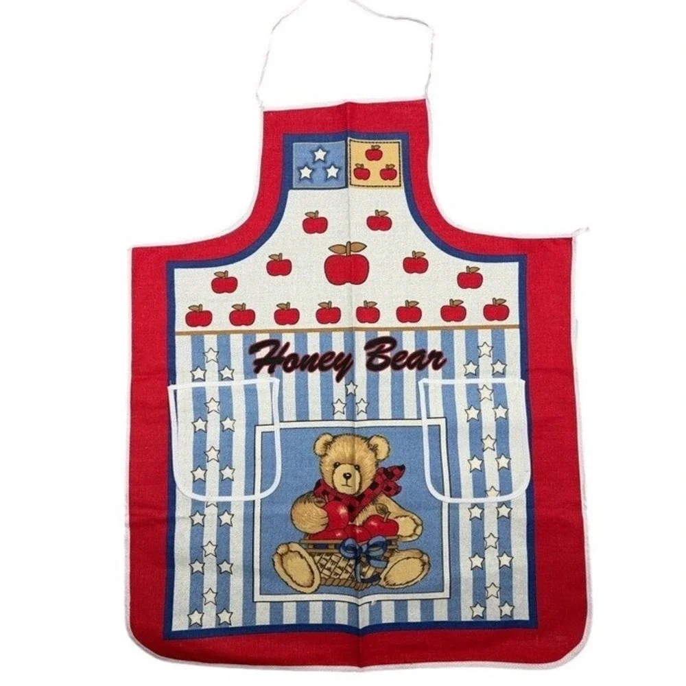 Tex International Honey Bear Kitchen Apron Red Blue Stars Apples Pockets